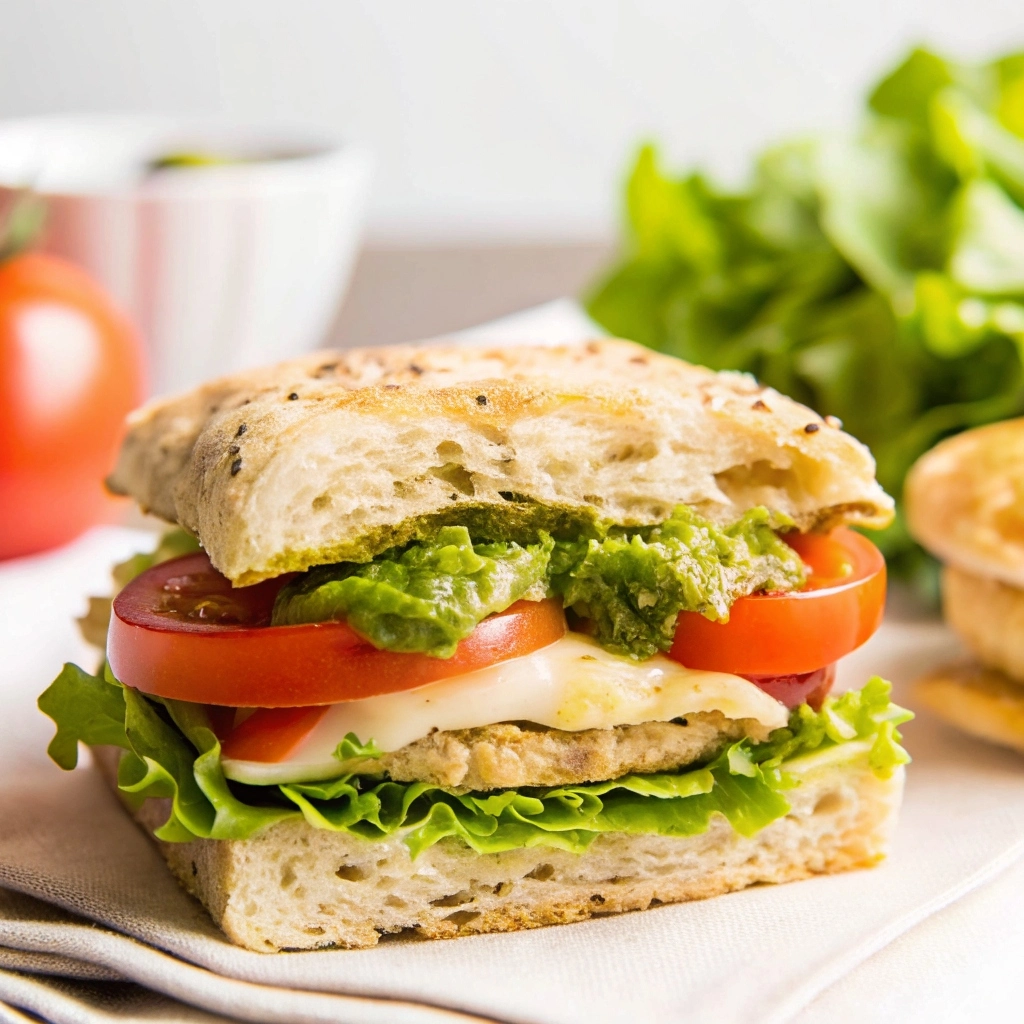 A toasted pesto chicken sandwich filled with shredded chicken coated in basil pesto, fresh tomatoes, mozzarella, and spinach on golden crispy bread.