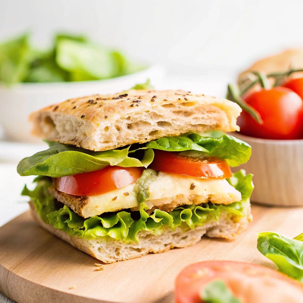 A toasted pesto chicken sandwich filled with shredded chicken coated in basil pesto, fresh tomatoes, mozzarella, and spinach on golden crispy bread.