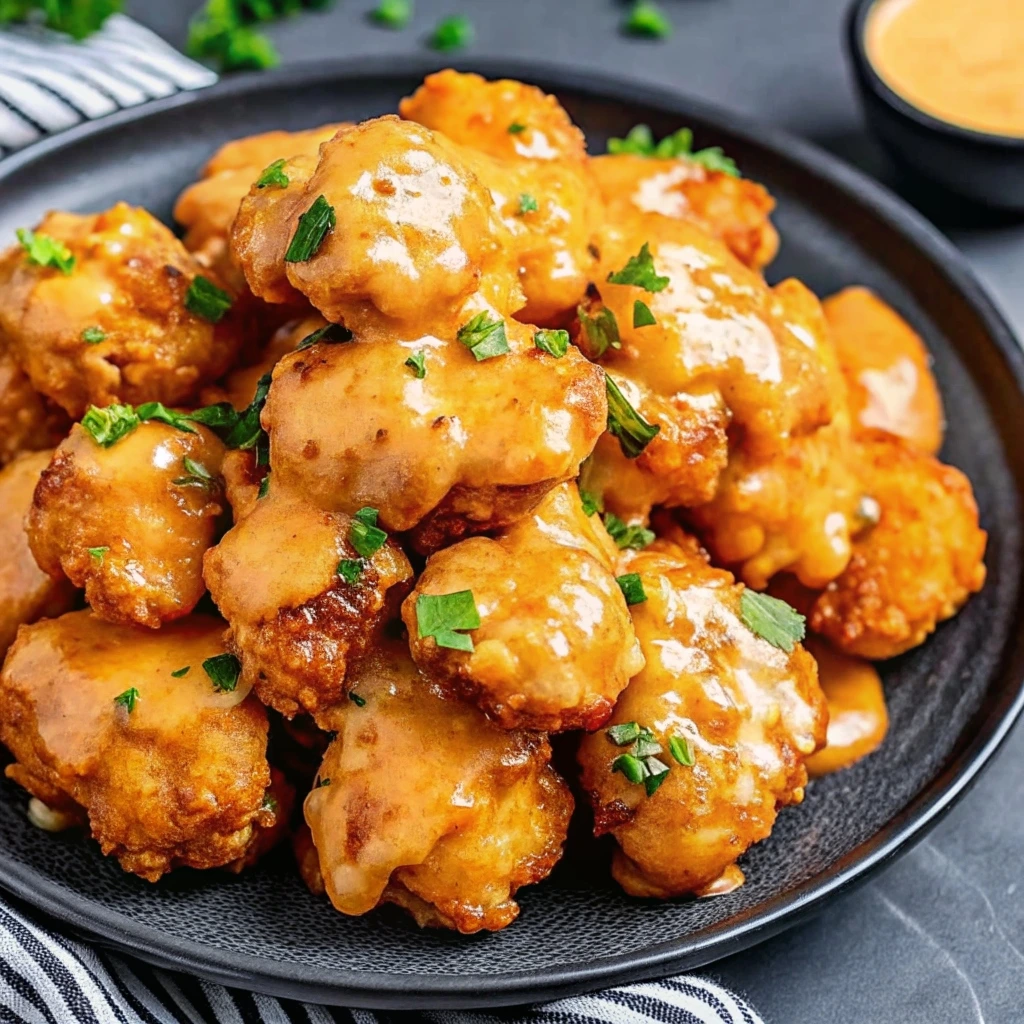A close-up of crispy golden Bang Bang chicken tenders coated in a creamy white and red sauce, garnished with parsley, on a dark plate.