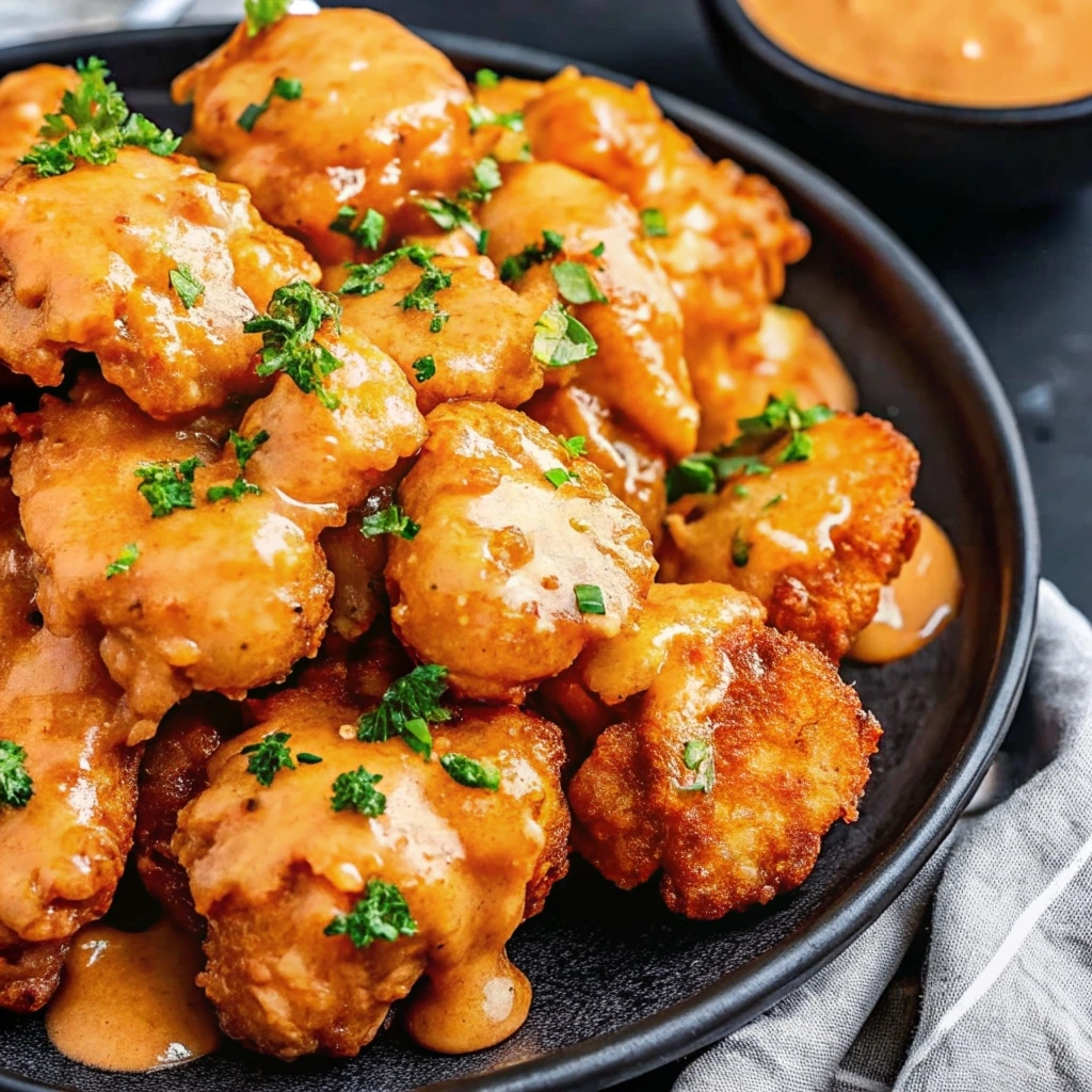 A close-up of crispy golden Bang Bang chicken tenders coated in a creamy white and red sauce, garnished with parsley, on a dark plate.