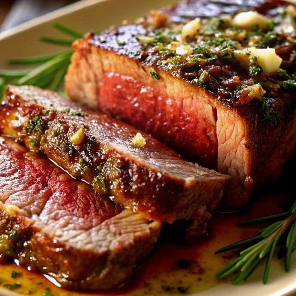 A slice of fall-off-the-bone tender roast beef on a cutting board, coated in a garlic and herb crust, next to fresh rosemary.