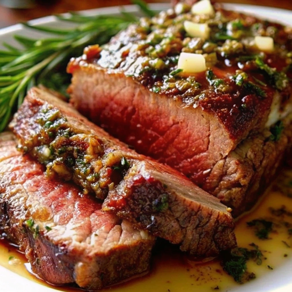 A slice of fall-off-the-bone tender roast beef on a cutting board, coated in a garlic and herb crust, next to fresh rosemary.