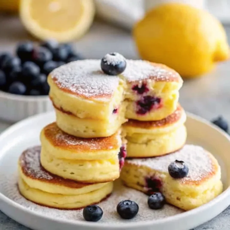 A plate of golden brown Blueberry Lemon Pancake Bites (mini muffin pancakes) with visible blueberries, garnished with lemon slices and powdered sugar.