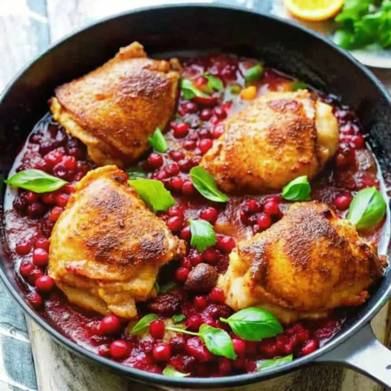 Cranberry Orange Glazed Chicken in a cast iron skillet, showing golden chicken breasts coated in a shiny, deep red glaze with burst cranberries and orange zest.