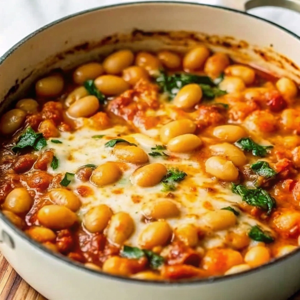 A creamy tomato-based stew with white butter beans and wilted spinach in a rustic pot, garnished with fresh herbs.