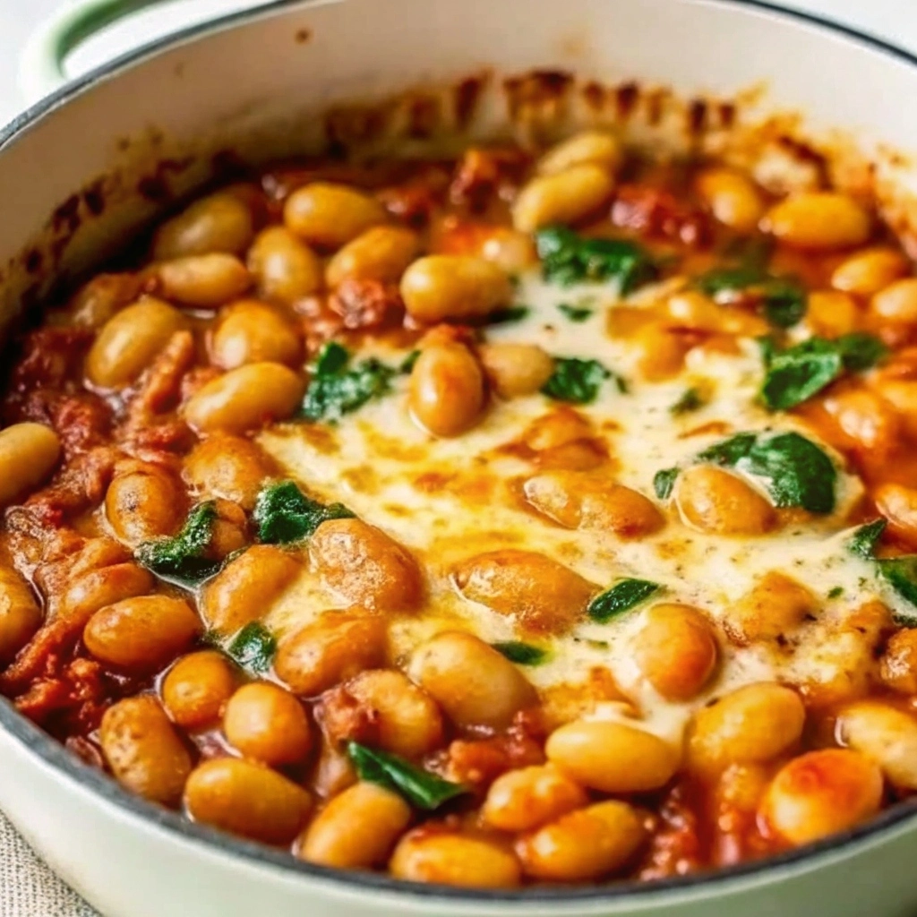 A creamy tomato-based stew with white butter beans and wilted spinach in a rustic pot, garnished with fresh herbs.