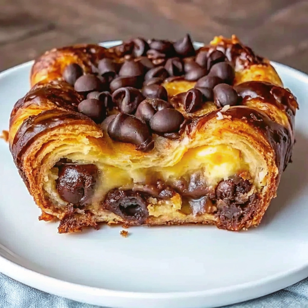 A square of chocolate croissant breakfast bake on a plate, dusted with powdered sugar and topped with raspberries.