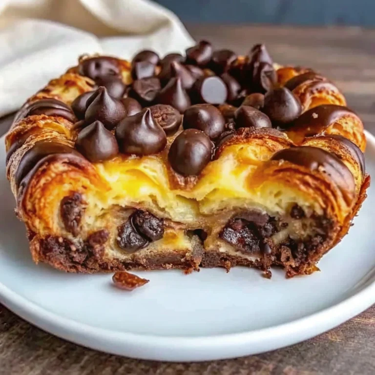 A square of chocolate croissant breakfast bake on a plate, dusted with powdered sugar and topped with raspberries.