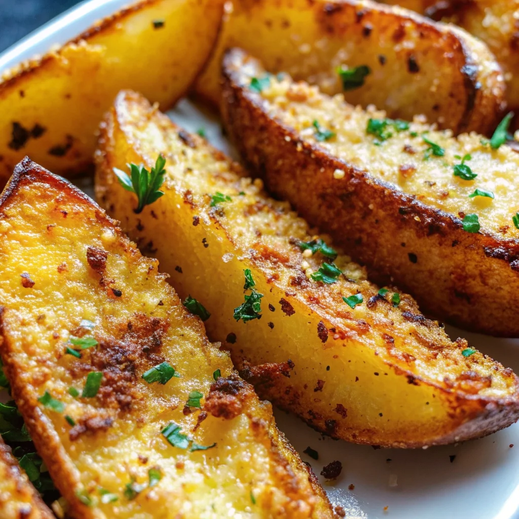 Easy crispy baked garlic parmesan potato wedges – golden and cheesy