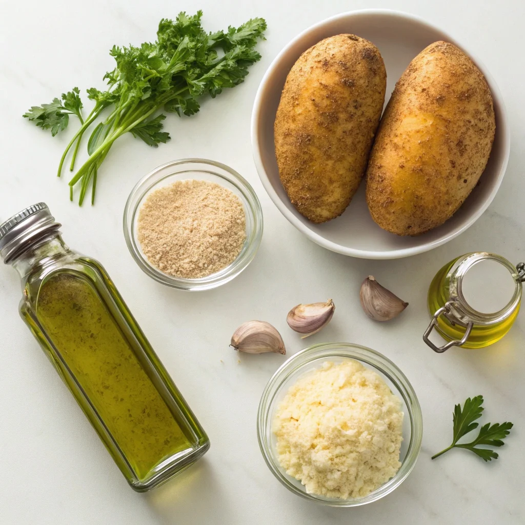 Ingredients needed for easy crispy garlic parmesan potato wedges